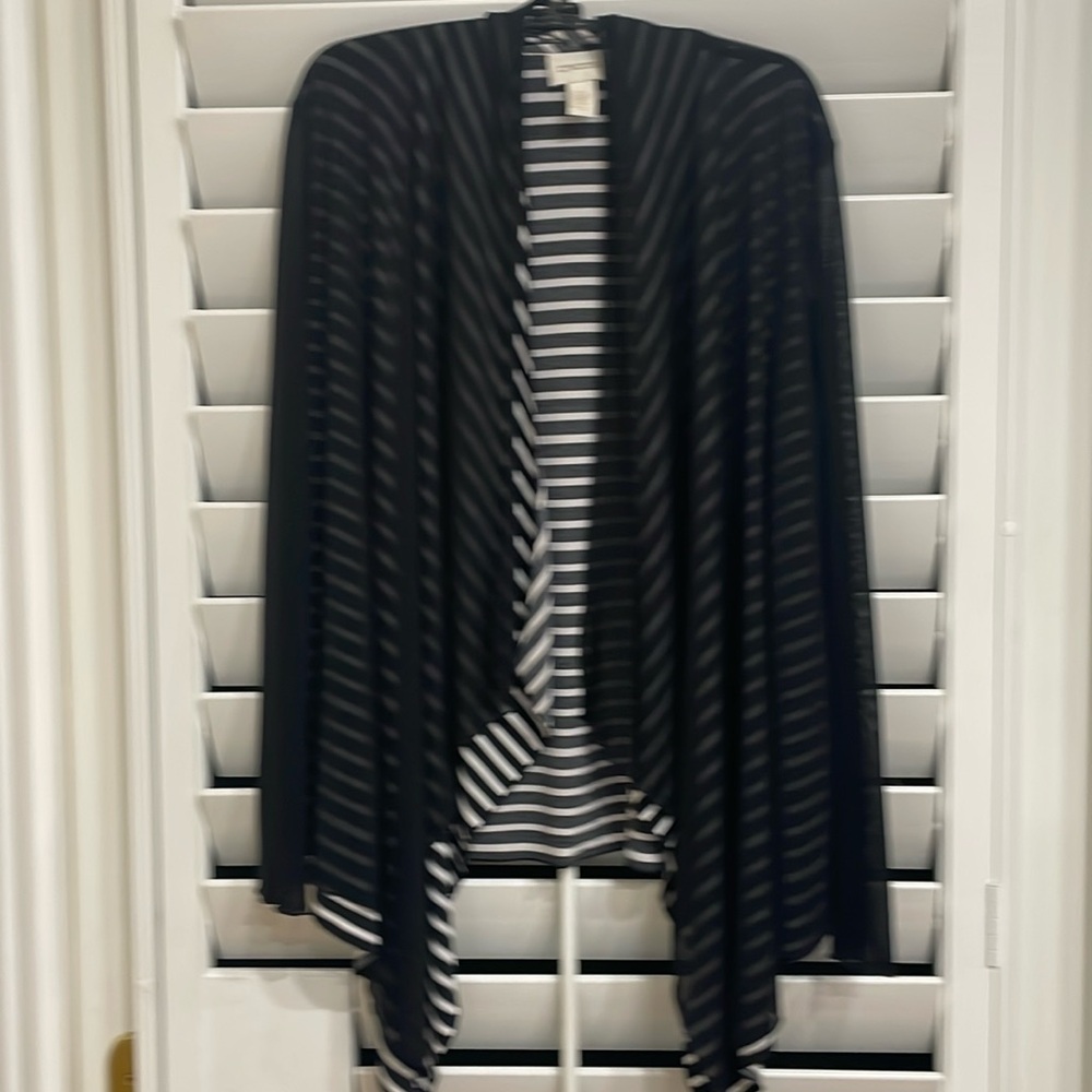 Chico’s size 2, same as 12/14 Black & White striped Jacket with 3/4 sleeves.